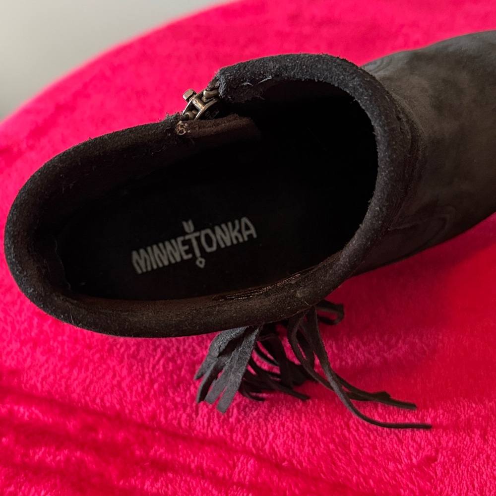 Minnetonka Black Suede Fringe Ankle Boots - Picture 3 of 6